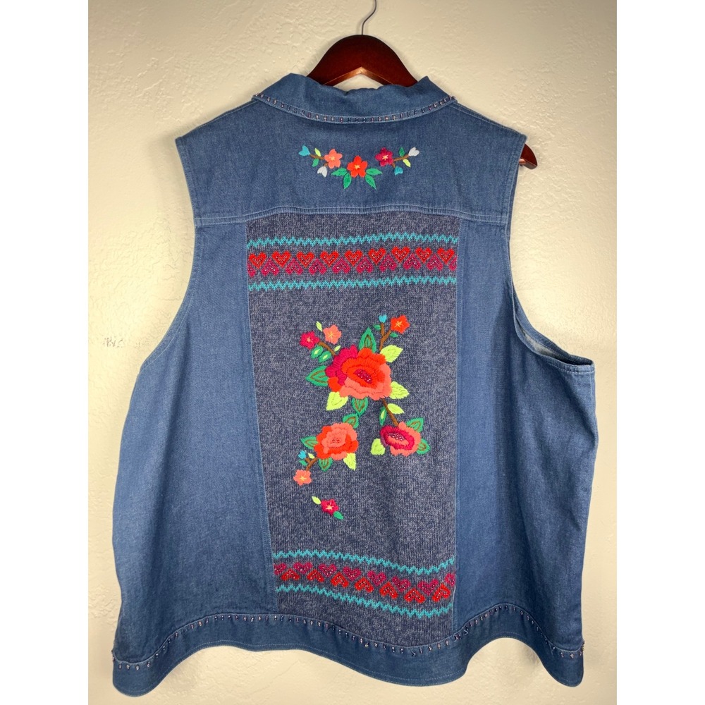 Alfred Dunner Woman 20W Denim Vest Floral Beaded Embroidered Knit Back Boho Plus